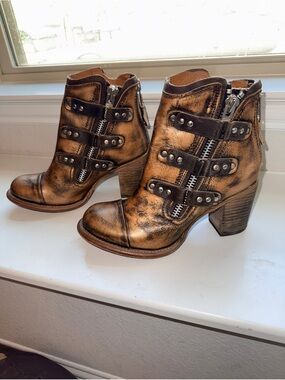 Women's Freebird Beckett Metallic Bronze Leather Ankle Boots with Studded Straps